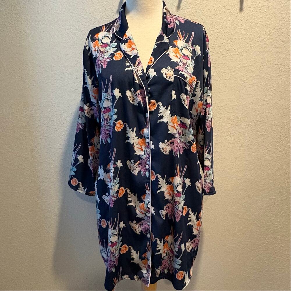 WORLD MARKET Button-Up Satin Soft Sleep Shirt Navy Blue Floral Sz L/XL Relaxed